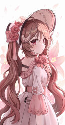 Rule 34 | 1girl, absurdres, ambience synesthesia, animal ears, arknights, arm at side, blush, bonnet, brown hair, commentary, cowboy shot, dress, eyjafjalla (arknights), flower, goat ears, goat girl, goat horns, highres, holding, holding flower, horns, looking at viewer, looking back, parted lips, pink eyes, red flower, seaz (27942728), simple background, solo, symbol-only commentary, twintails, wavy hair, white background, white dress, white headwear
