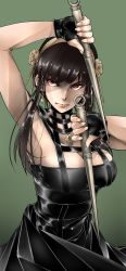 Rule 34 | 1girl, arm up, armpits, black dress, black gloves, black hair, breasts, cai-man, cleavage, closed mouth, commentary, dagger, dress, dual wielding, earrings, english commentary, fingerless gloves, flower, gloves, gold, green background, hair flower, hair ornament, hair stick, hairband, highres, holding, holding dagger, holding knife, holding weapon, jewelry, knife, large breasts, lips, long hair, looking to the side, mixed-language commentary, off-shoulder dress, off shoulder, red eyes, simple background, sleeveless, sleeveless dress, solo, spy x family, tsurime, upper body, weapon, yor briar