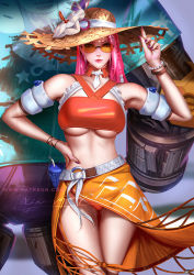 Rule 34 | 1girl, armband, ashe (overwatch), belt, bikini, blurry, blurry background, bracelet, breasts, cowboy shot, detached collar, earrings, flower, gluteal fold, hand on own hip, hat, hat flower, highres, hoop earrings, jewelry, large breasts, liang xing, long hair, looking at viewer, mole, mole above mouth, navel, official alternate costume, overwatch, overwatch 1, pink hair, red eyes, rimless eyewear, sarong, signature, solo, straw hat, sun hat, sunglasses, swimsuit, underboob, watermark, web address