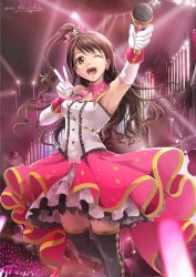 Rule 34 | 1girl, ;d, absurdres, armpits, black thighhighs, bow, brown eyes, brown hair, choker, earrings, elbow gloves, floating hair, gloves, hair bow, high ponytail, highres, hiroki ree, holding, holding microphone, idol, idolmaster, idolmaster cinderella girls, jewelry, layered skirt, long hair, microphone, one eye closed, open mouth, outstretched arm, pink bow, shimamura uzuki, side ponytail, signature, skirt, smile, solo, spotlight, stage, stage of magic, standing, striped, striped bow, thighhighs, v, very long hair, white gloves