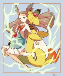 Rule 34 | 1girl, ampharos, bow, brown hair, creatures (company), dress, electricity, full body, game freak, gen 2 pokemon, green dress, hari611, jacket, jasmine (pokemon), long hair, looking to the side, nintendo, parted lips, pokemon, pokemon (creature), pokemon hgss, red bow, sleeves past elbows, white jacket