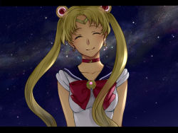 Rule 34 | 1990s (style), 1girl, ^ ^, bishoujo senshi sailor moon, blonde hair, blue sailor collar, blush, bow, brooch, choker, closed eyes, crescent, crescent earrings, double bun, earrings, closed eyes, hair ornament, happy, jewelry, letterboxed, long hair, looking at viewer, magical girl, mikura (miraclemicro), night, ow, red bow, retro artstyle, ribbon, sailor collar, sailor moon, shirt, sky, smile, solo, star (sky), star (symbol), starry background, starry sky, tiara, tsukino usagi, twintails, upper body