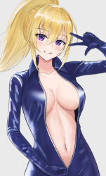 Rule 34 | 1girl, bad id, bad pixiv id, biker clothes, bikesuit, blonde hair, blush, bodysuit, breasts, breasts apart, center opening, collarbone, commission, grey background, grin, hair between eyes, hand up, highres, large breasts, long bangs, long hair, looking at viewer, navel, open bodysuit, open clothes, original, ponytail, purple eyes, sidelocks, simple background, skeb commission, smile, solo, stomach, teasing, unzipped, upper body, w, yamamoto warabi