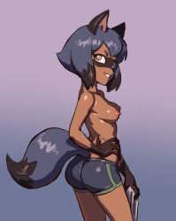 Rule 34 | 1girl, animal ears, ass, brand new animal, breasts, female focus, furry, gradient background, grin, highres, kagemori michiru, looking at viewer, looking back, nipples, pears, raccoon ears, raccoon girl, raccoon tail, shirt, short shorts, shorts, simple background, small breasts, smile, solo, tail, topless, upper body