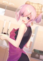 Rule 34 | 1girl, :, alternate costume, alternate hairstyle, apron, bare arms, bare shoulders, black dress, blurry, blurry background, blush, cabinet, commentary request, dress, fate/grand order, fate (series), from side, frying pan, hair over one eye, head scarf, hisayaki kyuu, holding, indoors, kitchen, lips, looking at viewer, looking to the side, mash kyrielight, open mouth, pink apron, pink eyes, pink hair, ponytail, pot, short hair, sleeveless, sleeveless dress, solo, spatula, upper body
