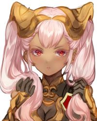 Rule 34 | 1girl, breasts, cleavage, dark-skinned female, dark skin, fire emblem, fire emblem heroes, hair ornament, holding, holding own hair, jurge, laevateinn (fire emblem), long hair, nintendo, pink hair, pout, red eyes, simple background, solo, twintails, white background