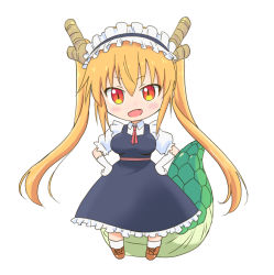 Rule 34 | 10s, 1girl, blonde hair, blush stickers, breasts, brown footwear, chibi, dragon girl, dragon tail, fang, full body, gloves, hands on own hips, horns, kobayashi-san chi no maidragon, large tail, looking at viewer, maid, maid headdress, necktie, open mouth, red necktie, shirakawa mayumi, shoes, skirt, slit pupils, solo, tail, tohru (maidragon), twintails, white background, white legwear, yellow eyes