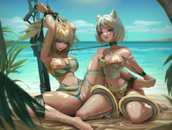 Rule 34 | 2girls, absurdres, angry, animal ear fluff, animal ears, armpits, arms up, bar censor, bare shoulders, barefoot, bdsm, bikini, bikini bottom aside, bikini skirt, blonde hair, blue bikini, blue eyes, blue sky, blurry, blurry foreground, bondage, bound, bound arms, breasts, brown eyes, cat ears, censored, chain, chained, chest jewel, clenched teeth, clothing aside, collar, collarbone, day, depth of field, embarrassed, eunie (xenoblade), full body, grey hair, gun, h.an (516635864), head wings, highres, horizon, kneeling, large breasts, layered bikini, leaning back, linked collar, long hair, looking at viewer, mio (xenoblade), multi-strapped bikini, multiple girls, navel, nipple slip, nipples, ocean, outdoors, parted lips, pussy, sarong, short hair, signature, sitting, skindentation, sky, slave, small breasts, spread legs, stomach, strap slip, swimsuit, teeth, thigh strap, water, weapon, white bikini, wings, xenoblade chronicles (series), xenoblade chronicles 3