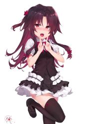 Rule 34 | 10s, 1girl, absurdres, anger vein, blood, blush, bow, brown footwear, brown hair, brown skirt, brown thighhighs, brown vest, fang, hair between eyes, hands up, highres, index finger raised, long hair, multicolored hair, nose blush, nosebleed, one side up, open mouth, parted bangs, pleated skirt, puffy short sleeves, puffy sleeves, red bow, red eyes, red hair, ryuuou no oshigoto!, shirt, shoes, short sleeves, simple background, skirt, solo focus, spoken anger vein, standing, thighhighs, two-tone hair, very long hair, vest, white background, white shirt, xiaowei (xxx29042536), yashajin ai