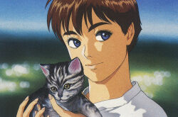 Rule 34 | 1990s (style), 1girl, artist request, blue eyes, blurry, blurry background, carrying, cat, izumi noa, key visual, kidou keisatsu patlabor, official art, pet, promotional art, red hair, retro artstyle, scan, short hair, traditional media