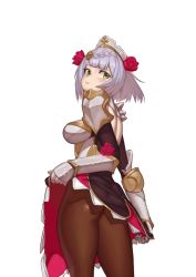 Rule 34 | 1girl, :t, armor, ass, bad id, bad pixiv id, braid, breasts, brown pantyhose, clothes lift, dress, dress lift, flower, genshin impact, hair ornament, highres, lifted by self, looking back, maid, noelle (genshin impact), pantyhose, pout, rose, shoes, short hair, simple background, simtano, skirt, skirt lift, solo, standing, vambraces, white background, white hair