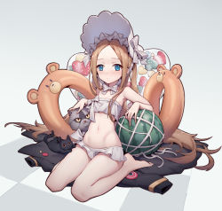 Rule 34 | 1girl, abigail williams (fate), abigail williams (swimsuit foreigner) (fate), abigail williams (swimsuit foreigner) (third ascension) (fate), animal, armpits, bare arms, bare shoulders, bikini, bikini skirt, black cat, blonde hair, blue eyes, blush, bonnet, bow, breasts, cat, chunrijun (springer), cleavage, closed mouth, fate/grand order, fate (series), food, forehead, fruit, full body, gradient background, grey background, grey cat, hair bow, hat, hat ribbon, heart, highres, innertube, long hair, looking at viewer, navel, petting, ribbon, sitting, small breasts, solo, stomach, strapless, strapless bikini, swim ring, swimsuit, twintails, very long hair, wariza, watermelon, white bikini, white bow, white hat
