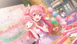 Rule 34 | 1girl, :d, apron, bow, colorful palette, dress, flower, food, hair flower, hair ornament, heart, highres, long hair, looking at viewer, momoi airi, official art, open mouth, pink eyes, pink hair, project sekai, ribbon, smile, solo, two side up
