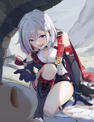 Rule 34 | 1girl, absurdres, bare shoulders, bear minstrel, black gloves, boots, breasts, cleavage, commentary, commentary request, crossover, detached sleeves, elbow gloves, english commentary, ermine, full body, gloves, grey eyes, grey hair, highres, honkai: star rail, honkai (series), kneeling, medium breasts, mixed-language commentary, mountain, multicolored hair, nu carnival, numby (honkai: star rail), on one knee, open mouth, outstretched hand, red hair, signature, streaked hair, thigh strap, topaz (honkai: star rail), topper (nu carnival), trotter (honkai: star rail), weasel