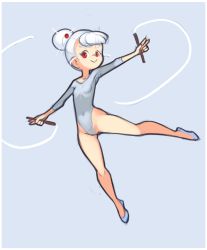 Rule 34 | 1girl, :&gt;, barefoot, breasts, closed mouth, collarbone, covered navel, creatures (company), drantyno, flats, full body, game freak, gen 3 pokemon, grey background, grey footwear, grey leotard, gymnastics, gymnastics ribbon, hair bun, highres, holding, holding stick, knees, leotard, long sleeves, looking at viewer, nintendo, outstretched arms, personification, pokemon, pokemon rse, red eyes, rhythmic gymnastics, ribbon, ribbon baton, shoes, short hair, silcoon, sketch, sleeves past elbows, small breasts, smile, solo, standing, standing on one leg, stick, white hair