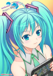 Rule 34 | 1girl, aqua hair, detached sleeves, handheld game console, hatsune miku, long hair, necktie, playstation vita, project diva (series), project diva f 2nd, smile, solo, takejun, twintails, very long hair, vocaloid