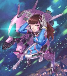 Rule 34 | 1girl, :d, armor, bodysuit, boots, breasts, brown eyes, brown hair, cannon, covered navel, d.va (overwatch), facial mark, full body, gatling gun, gloves, gun, headphones, highres, logo, long hair, looking at viewer, mecha, medium breasts, meka (overwatch), one eye closed, open mouth, overwatch, overwatch 1, p shiki, pilot suit, rabbit pose, robot, smile, solo, swept bangs, thigh boots, thighhighs, weapon, whisker markings, white footwear, white gloves