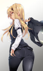 Rule 34 | 1girl, arm strap, ass, azur lane, black jacket, black pants, black vest, blonde hair, blush, breasts, cleveland (azur lane), cleveland (gentry knight) (azur lane), from behind, hair between eyes, hand on own ass, highres, jacket, unworn jacket, long hair, long sleeves, looking at viewer, looking back, naha78, one side up, pants, pantylines, parted bangs, red eyes, shirt, sidelocks, small breasts, smile, solo, very long hair, vest