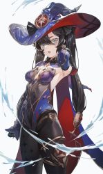 Rule 34 | 1girl, alter (j alter7), arm up, armpits, asymmetrical bangs, black bow, black gloves, black hair, black pantyhose, black ribbon, blue capelet, blue hat, blue leotard, blue sleeves, bow, breasts, breasts apart, capelet, covered navel, detached sleeves, earrings, elbow gloves, fur-trimmed capelet, fur trim, genshin impact, gloves, green eyes, hair between eyes, hair ornament, hair ribbon, hat, hat bow, highres, jewelry, leotard, long hair, looking at viewer, mona (genshin impact), open mouth, pantyhose, pendant, ribbon, small breasts, solo, star (symbol), star earrings, star hair ornament, teeth, thighlet, twintails, upper teeth only, water, white background, witch hat