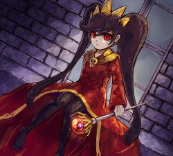 Rule 34 | 1girl, aka tomato, ashley (warioware), black hair, black pantyhose, brick wall, commentary request, dress, hair ornament, highres, holding, holding staff, long hair, long sleeves, looking at viewer, nintendo, pantyhose, red dress, red eyes, sailor collar, sidelocks, skull, solo, staff, twintails, very long hair, warioware, window, yellow sailor collar