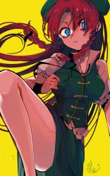 Rule 34 | 1girl, braid, breasts, fua yuu, hat, highres, hong meiling, large breasts, leg up, long hair, looking at viewer, one-hour drawing challenge, parted bangs, red hair, short sleeves, simple background, solo, thighs, touhou, twin braids, yellow background