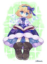 Rule 34 | 1girl, alice margatroid, alice margatroid (pc-98), blonde hair, blue bow, blue bowtie, blue butterfly, blue dress, blue eyes, blue hairband, blush, book, boots, bow, bowtie, brown footwear, bug, butterfly, center frills, closed mouth, dress, frills, full body, hair bow, hairband, harunori (hrnrx), head tilt, highres, holding, holding book, insect, long sleeves, looking at viewer, medium hair, open book, shirt, signature, smile, solo, touhou, white shirt