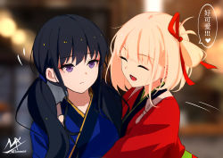 Rule 34 | 2girls, :d, ^ ^, artist name, black hair, blonde hair, blue kimono, blurry, blurry background, bow, closed eyes, closed mouth, depth of field, highres, inoue takina, japanese clothes, kimono, long hair, low twintails, lycoris recoil, multiple girls, nishikigi chisato, open mouth, purple eyes, red kimono, shimmer, signature, smile, speech bubble, tasuki, translation request, twintails, upper body, white bow, yuri