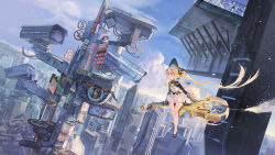 Rule 34 | 1girl, atdan, black footwear, blonde hair, blue sky, cello, cityscape, cloud, dress, flying, gauntlets, hair ornament, hat, highres, instrument, long hair, red eyes, scenery, sitting, sky, solo, synthesizer v, twintails, very long hair, witch hat