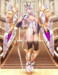Rule 34 | 1girl, :d, armor, armored dress, black panties, blue eyes, blurry, blurry background, blush, boots, breasts, bridal gauntlets, brown thighhighs, carmela, carmela (taimanin asagi), closed mouth, contrapposto, depth of field, dress, female focus, flower, glint, grey hair, hair flower, hair ornament, hairband, hand on own chest, hand up, high heel boots, high heels, highres, holding, large breasts, lilith-soft, looking at viewer, nipples, open mouth, panties, parted lips, puffy nipples, puffy short sleeves, puffy sleeves, rapier, short sleeves, smile, solo, standing, sword, taimanin (series), taimanin asagi, taimanin asagi kessen arena, thighhighs, thong, underwear, weapon, white dress, white flower, yuuji (and)