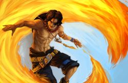 Rule 34 | 1boy, abs, bad deviantart id, bad id, bangle, belt, black hair, black shorts, bracelet, fighting stance, fire, freckles, grin, hat, jepps, jewelry, male focus, muscular, necklace, one piece, portgas d. ace, short hair, shorts, skull necklace, smile, solo, stampede string, thigh strap, topless male