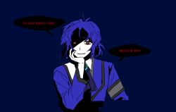 Rule 34 | armband, ascot, blue ascot, blue background, blue hair, blue jacket, brown eyes, chesed (project moon), collared shirt, colored skin, commentary, english commentary, eyes in shadow, hand on own cheek, hand on own face, jacket, korean text, lobotomy corporation, long sleeves, looking at viewer, male focus, parted bangs, project moon, shirt, short hair, simple background, smile, solo a, speech bubble, translation request, white shirt, white skin