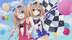 Rule 34 | 10s, 2girls, :o, ;d, balloon, blue eyes, brown hair, checkered flag, cloud, collarbone, confetti, day, detached collar, eyewear on head, flag, flat chest, highres, holding, holding umbrella, index finger raised, long hair, multiple girls, navel, neptune (series), non-web source, official art, one eye closed, open mouth, outdoors, race queen, ram (neptunia), rom (neptunia), shin jigen game neptune vii, short hair, siblings, sisters, sky, smile, star (symbol), sunglasses, tsunako, twins, umbrella, wrist cuffs