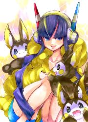 Rule 34 | 1girl, alternate color, black hair, blue eyes, blunt bangs, blush, blush stickers, coat, collarbone, creatures (company), electricity, elesa (pokemon), emolga, female focus, from side, game freak, gen 5 pokemon, hands up, happy, headphones, highres, knees together feet apart, knees up, long hair, long sleeves, looking at viewer, marker (medium), mofuo, nintendo, open mouth, pokemon, pokemon (creature), pokemon bw2, profile, shiny pokemon, shiny skin, short jumpsuit, sitting, smile, traditional media, twintails, very long hair, yellow background, yellow coat