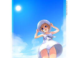 Rule 34 | 1girl, blonde hair, blue eyes, blue panties, bow, day, dress, hat, highres, mignon, panties, pantyshot, schmooze, skirt, sky, solo, standing, strapless, striped clothes, striped panties, sun hat, thigh gap, thighs, underwear, wallpaper, white dress, white skirt