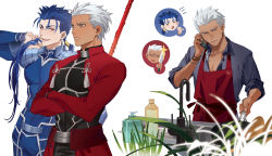 Rule 34 | 2boys, abs, absurdres, apron, archer (fate), armor, black bodysuit, black shirt, blue bodysuit, blue hair, bodysuit, bracelet, cigarette, closed eyes, collared shirt, commentary, covered abs, crossed arms, cu chulainn (fate), cu chulainn (fate/stay night), dark-skinned male, dark skin, earrings, fate/stay night, fate (series), frying pan, gae bolg (fate), grass, grey eyes, hand up, highres, holding, holding cigarette, holding frying pan, holding knife, holding own hair, holding phone, holding polearm, holding weapon, jewelry, knife, kuzen, long hair, looking afar, looking at another, low ponytail, male focus, multiple boys, muscular, muscular male, open mouth, phone, plant, polearm, ponytail, red apron, red eyes, shirt, short hair, shrug (clothing), sink, smile, spear, upper body, weapon, white background, white hair