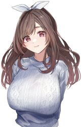 Rule 34 | 1girl, arms behind back, blush, breasts, brown hair, cropped torso, highres, huge breasts, idolmaster, idolmaster shiny colors, large breasts, light smile, long hair, looking at viewer, pekoni (peconi), red eyes, simple background, solo, sweater, tsukioka kogane, upper body, very long hair, white background, white sweater
