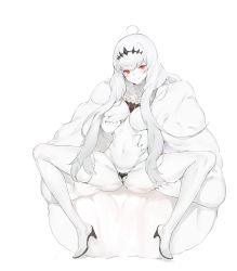 Rule 34 | 10s, 1girl, absurdres, abyssal ship, ahoge, bad id, bad twitter id, battle koala, black footwear, boots, breasts, capelet, collarbone, colored skin, high heel boots, high heels, highres, kantai collection, large breasts, long hair, northern water princess, red eyes, shoes, simple background, single thighhigh, solo, spread legs, thighhighs, very long hair, white background, white hair, white skin, white thighhighs