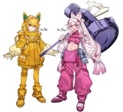 Rule 34 | 2girls, bandaid, bandaid on face, blonde hair, bow, creatures (company), detached sleeves, full body, game freak, gloves, goggles, goggles on head, gradient hair, hair bow, hair ornament, hairclip, hammer, holding, holding hammer, hood, hood up, huge weapon, katagiri hachigou, knee pads, long hair, long sleeves, midriff, multicolored hair, multiple girls, navel, nintendo, pants, pawmot, personification, pink hair, pokemon, puffy long sleeves, puffy sleeves, purple eyes, shoes, short hair, single knee pad, tinkaton, twintails, very long hair, weapon, white hair, yellow eyes