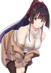 Rule 34 | 1girl, agano (azur lane), agano (dating game?) (azur lane), aran sweater, azur lane, bare shoulders, black hair, blush, breasts, brown coat, cable knit, coat, dress, hair ornament, hair ribbon, highres, large breasts, leaning forward, long hair, medium breasts, miss non, off shoulder, open clothes, open coat, pantyhose, ponytail, red eyes, ribbon, sleeveless, sleeveless sweater, sleeveless turtleneck, smile, solo, sweater, sweater dress, turtleneck, turtleneck sweater