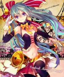 Rule 34 | 10s, 1girl, 2012, aqua hair, belt, blue eyes, bow, bowtie, clock, corset, dated, detached sleeves, gloves, hat, hatsune miku, long hair, megaphone, mini hat, mini top hat, musou yuchi, navel, smile, solo, thighhighs, top hat, twintails, very long hair, vocaloid