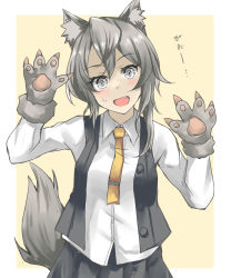 Rule 34 | 1girl, adapted costume, animal ears, animal hands, asymmetrical hair, black vest, claws, dress shirt, flipped hair, gakky, gloves, grey eyes, kantai collection, long sleeves, necktie, nowaki (kancolle), one-hour drawing challenge, paw gloves, shirt, silver hair, simple background, solo, swept bangs, tail, upper body, vest, white background, wolf ears, wolf tail, yellow necktie