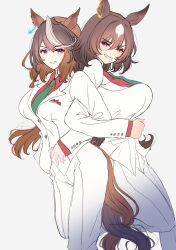 Rule 34 | 2girls, animal ears, breasts, brown hair, collared shirt, commentary request, ear ornament, earrings, feet out of frame, green necktie, grin, hair between eyes, highres, horse ears, horse girl, horse tail, intertwined tails, jacket, jewelry, large breasts, locked arms, long hair, long sleeves, looking at viewer, mmm (mmm623), multicolored hair, multiple girls, necktie, pants, purple eyes, red eyes, red shirt, shirt, simple background, single earring, sirius symboli (umamusume), smile, streaked hair, symboli rudolf (umamusume), tail, twitter username, umamusume, very long hair, white background, white hair, white jacket, white pants
