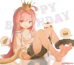 Rule 34 | 1girl, absurdres, barefoot, black shorts, cake, chinese commentary, commentary request, commission, crown, dolphin shorts, feet, food, full body, happy birthday, highres, knees up, legs, long hair, long sleeves, neko blow, open mouth, original, pink eyes, pink hair, puffy long sleeves, puffy sleeves, short shorts, shorts, sitting, soles, solo, speech bubble, spoken object, spread toes, sweater, tentacles, toenails, toes, white sweater