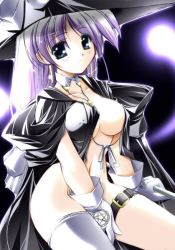 Rule 34 | 1girl, belt, blue eyes, breasts, cleavage, cloak, cross, gloves, hat, long hair, no bra, no panties, nomal, open clothes, original, pentagram, purple hair, single thighhigh, solo, thigh strap, thighhighs, white thighhighs, witch, witch hat