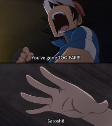 Rule 34 | 1boy, ash ketchum, baseball cap, black hair, blood, blue jacket, clenched hand, commentary, creatures (company), fake screenshot, fingerless gloves, from below, fullmetal alchemist, game freak, gloves, hat, highres, indoors, jacket, looking up, male focus, mgx0, nintendo, open mouth, outstretched hand, parody, pokemon, pokemon (anime), pokemon xy (anime), screaming, solo, subtitled, teeth, tongue