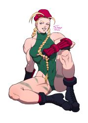Rule 34 | 1girl, abs, absurdres, blonde hair, boots, breasts, cammy white, fingerless gloves, gloves, hat, highres, leotard, long hair, looking to the side, muscular, muscular female, sheep shin, sitting, sleeveless, street fighter