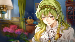 Rule 34 | 1girl, basket, blonde hair, blouse, blush, book, braid, brown eyes, character request, cheese kang, collar, collared shirt, crying, cupboard, gradient hair, green hair, hair ornament, hair ribbon, hairband, highres, indoors, jewelry, lips, long hair, looking down, multicolored hair, necklace, neckwear request, open mouth, ribbon, room, shirt, solo, tears, upper body, violet evergarden, violet evergarden (series), white shirt