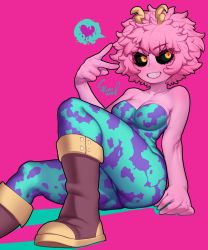 Rule 34 | 1girl, :d, ankle boots, ashido mina, bare arms, bare shoulders, black sclera, bodysuit, boku no hero academia, boots, breasts, brown footwear, colored sclera, colored skin, heart, highres, horns, large breasts, looking at viewer, medium hair, open mouth, pink background, pink hair, pink skin, simple background, smile, solo, sparrowl, spoken heart, strapless, v, yellow eyes