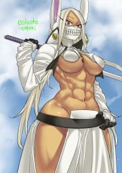 Rule 34 | 1girl, abs, animal ear fluff, animal ears, bleach, boku no hero academia, breast tattoo, breasts, commentary request, cosplay, covered mouth, cropped jacket, dark-skinned female, dark skin, female focus, gloves, highres, hip vent, holding, holding sword, holding weapon, jacket, long eyelashes, long hair, looking at viewer, midriff, mirko, muscular, muscular female, navel, open clothes, open jacket, rabbit ears, rabbit girl, shosho oekaki, solo, sword, tattoo, thick thighs, thighs, tier harribel, tier harribel (cosplay), trait connection, twitter username, underboob, weapon, white hair