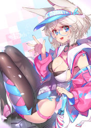 Rule 34 | 1girl, :d, animal ear fluff, animal ears, black choker, black pantyhose, blue eyes, blue hat, blue nails, breasts, choker, cleavage, clothes writing, commentary request, glasses, hat, high heels, holding, holding umbrella, hong (white spider), hood, hood down, hooded jacket, jacket, leotard, long sleeves, medium breasts, nail polish, open mouth, original, pantyhose, pink footwear, pink jacket, puffy long sleeves, puffy sleeves, purple leotard, round teeth, sitting, smile, solo, teeth, umbrella, upper teeth only, visor cap, white hair